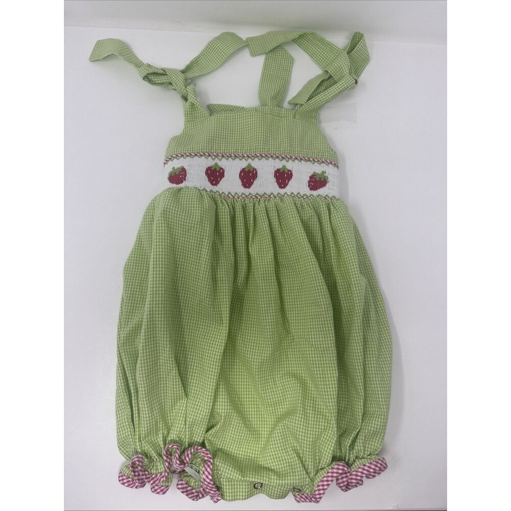 Smocked Lulu Bebe Girls Bubble Outfit Size 18 Months Strawberry Green Check